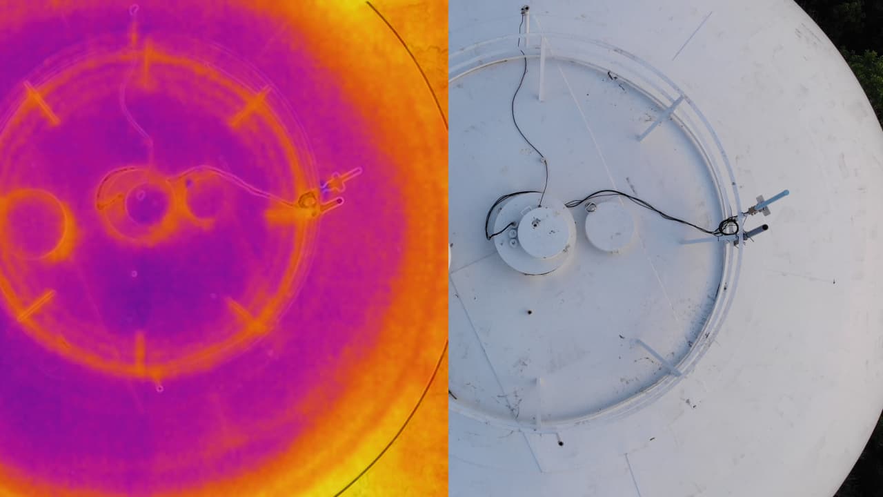 Side-by-side comparison of a thermal image taken from a drone, directly above an industrial tower