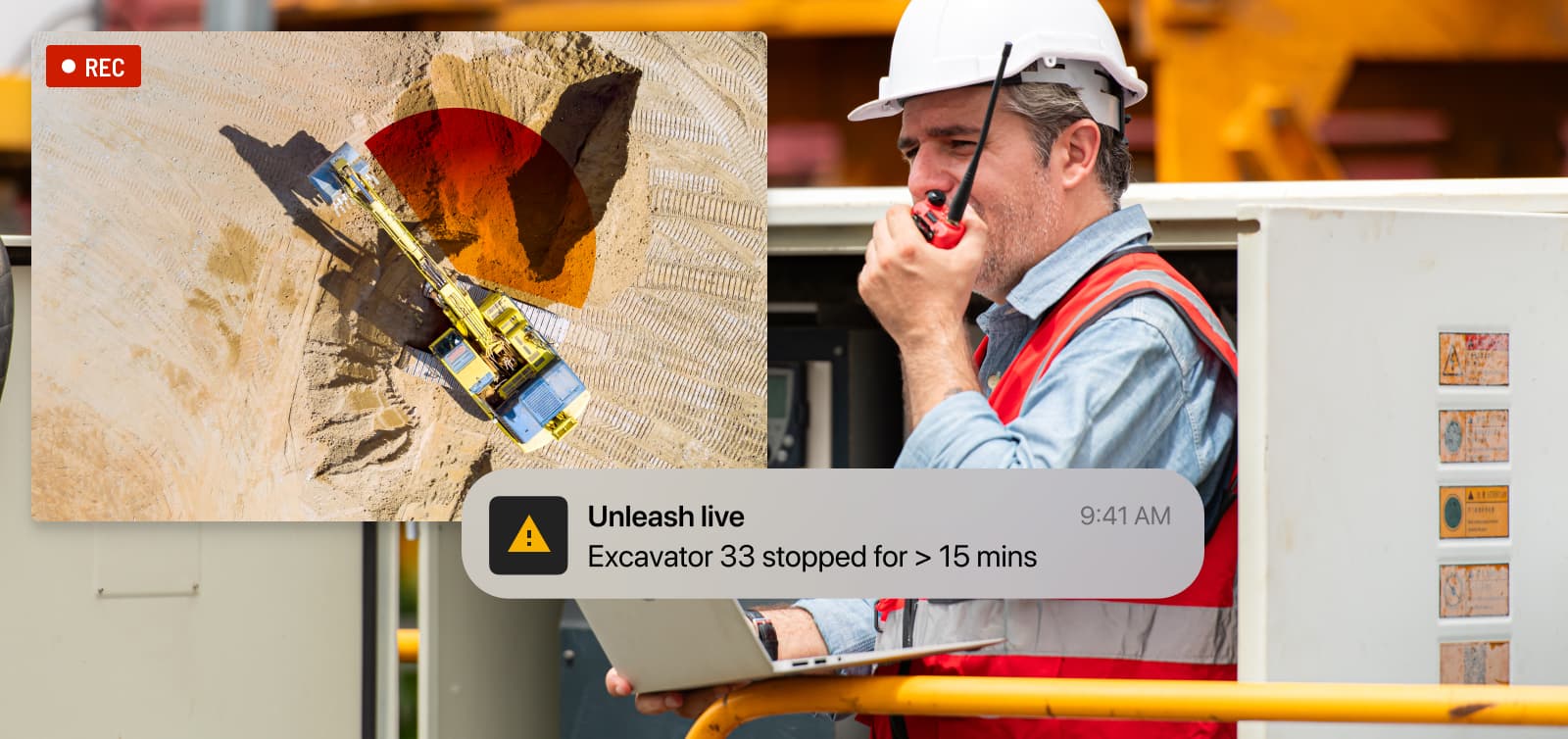 An automated alert lets a supervisor know that an excavator has been paused for more than 15 minutes