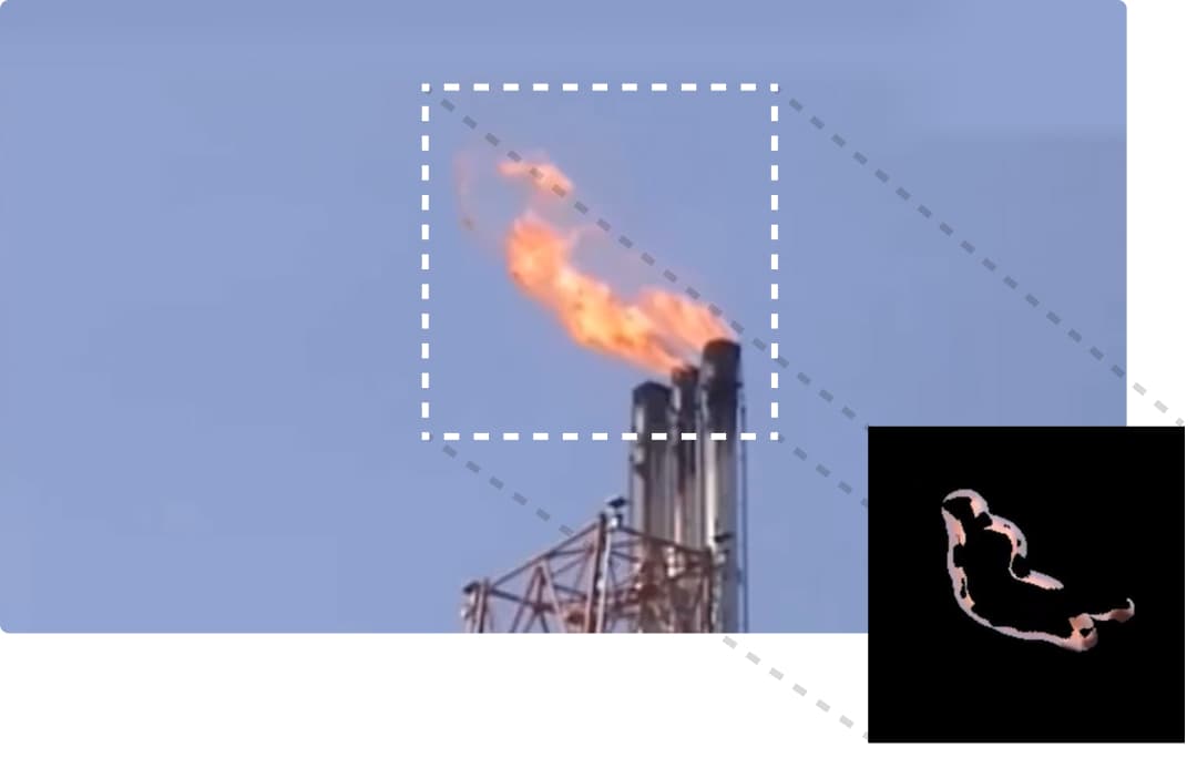 A methane plume has the flame highlighted, with a box overlaid showing the visual analysis that is taking place