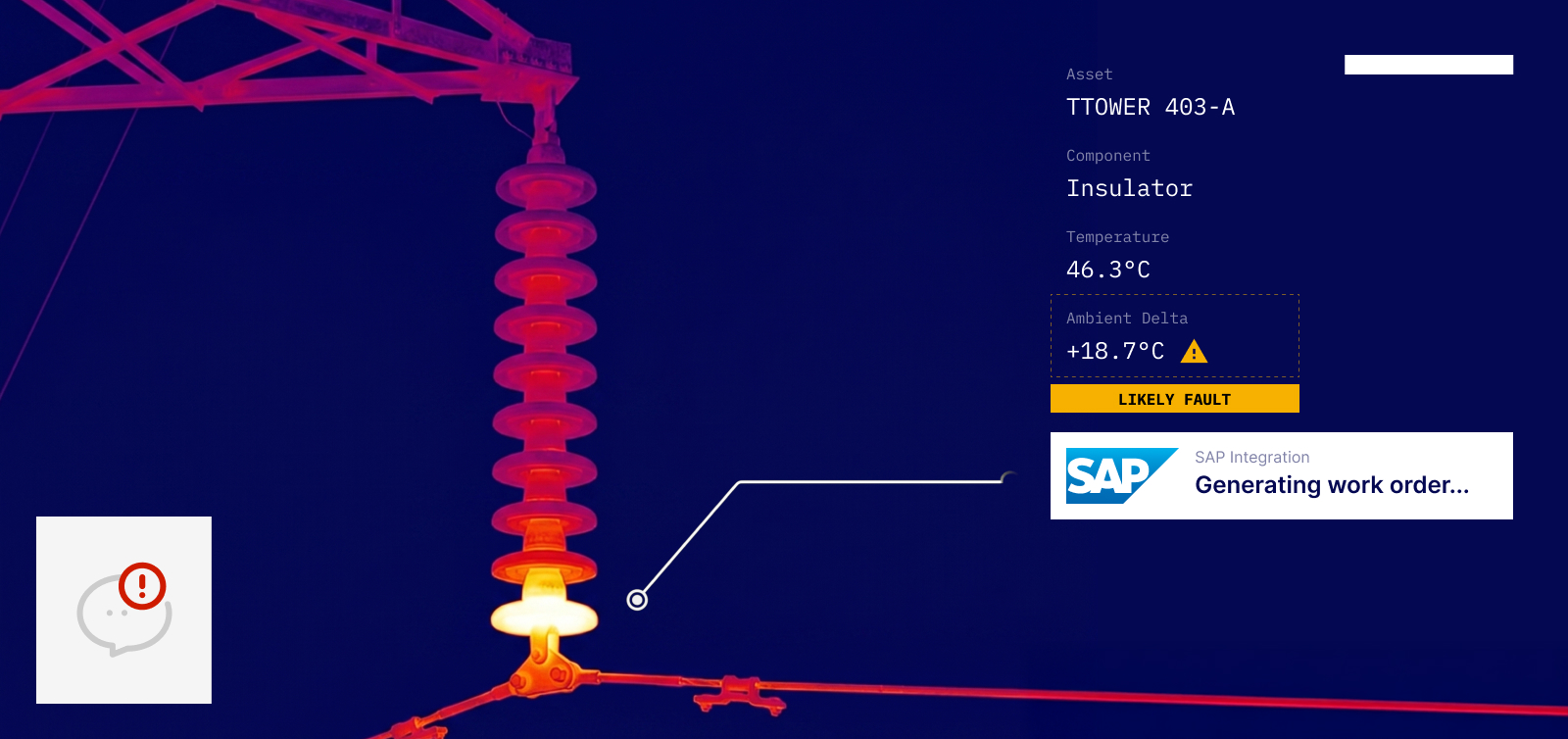 Featured image: Thermal imaging interface showing a transmission tower with a hotspot detected, generating an SAP work order - Read full post: What Thermal Inspection Imaging Actually Sees