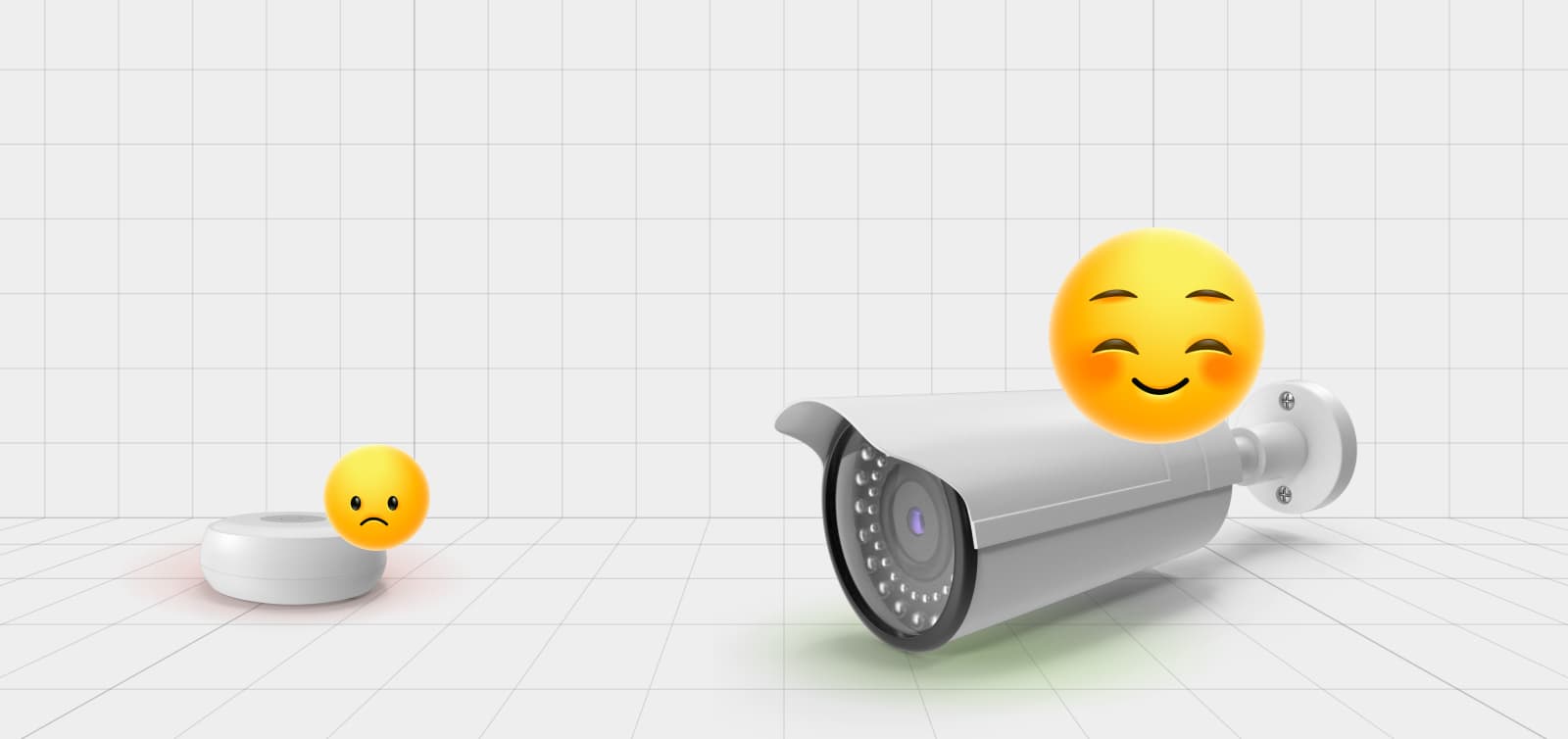 A scene of a perspective grid, with a larger camera with a happy emoji and a green glow in the foreground, and a small sensor overlaid with a red glow and sad emoji further back