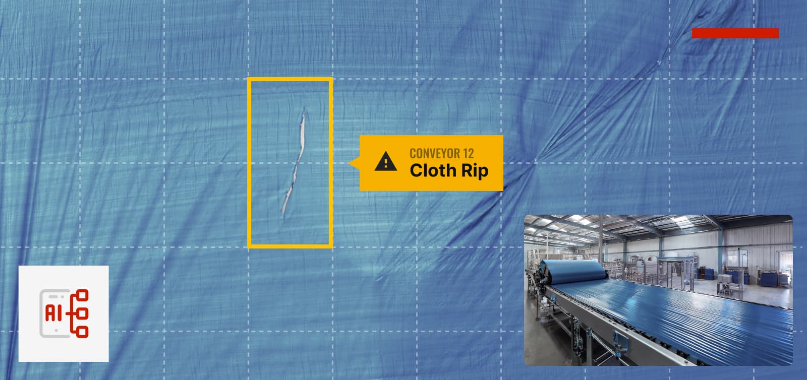 A cloth tear detected by AI on an industrial roller, with the issue highlighted in yellow within a grid overlay, with a picture-in-picture view of the warehouse containing the roller