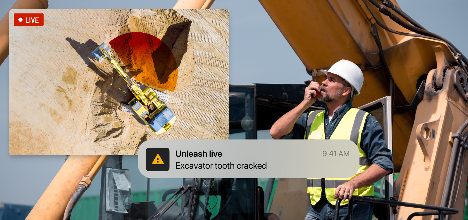 Featured image: A montage of an excavator live stream, an alert from Unleash live's visual analytics system that an excavator tooth is cracked, against a background of a man at an excavator on a walkie talkie - Read full post: Overhauling Mining Asset Maintenance with AI Video Analytics