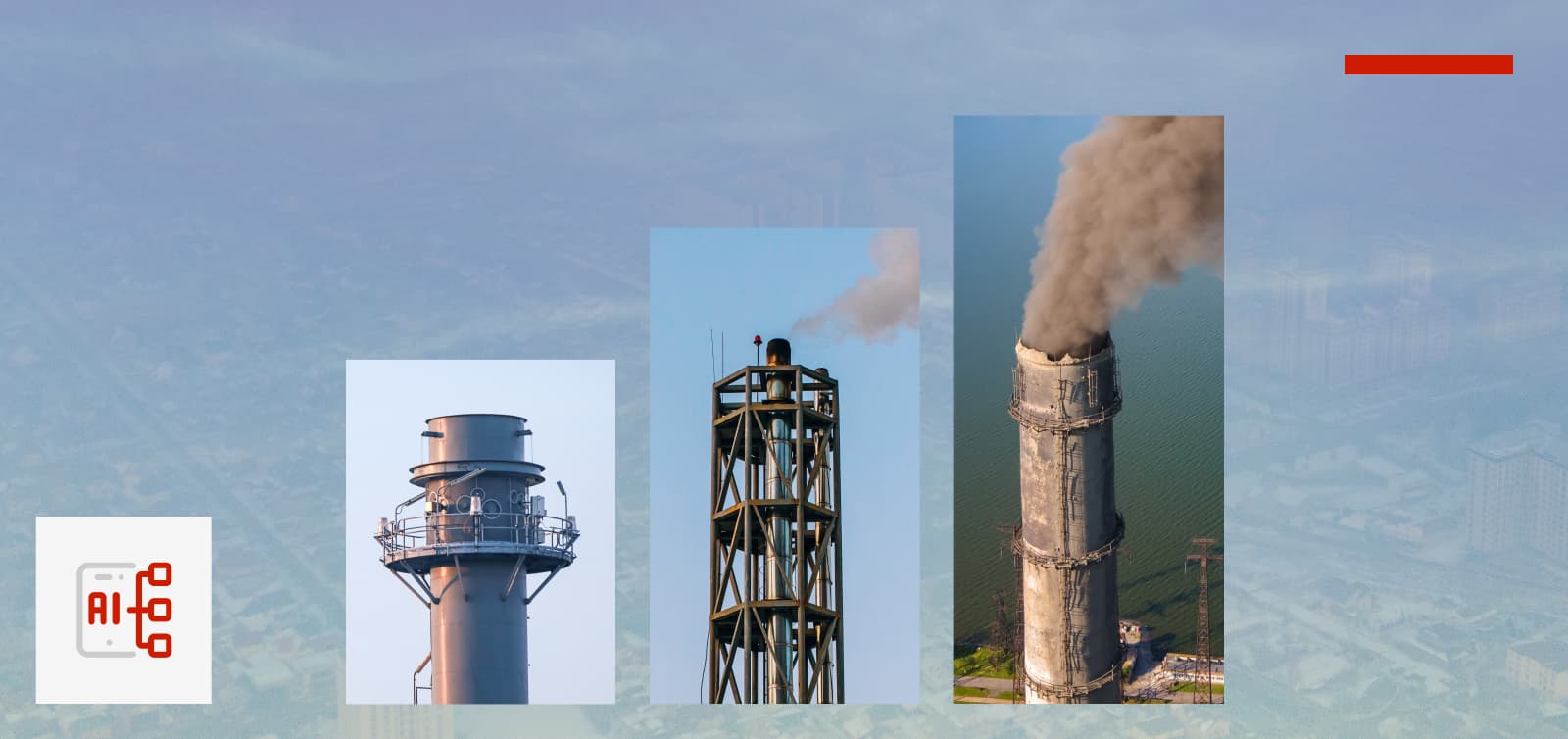 Image of three smoke stack increasing in intensity, arranged like a bar graph increasing in value, overlaid on a background of sky and a smoggy city