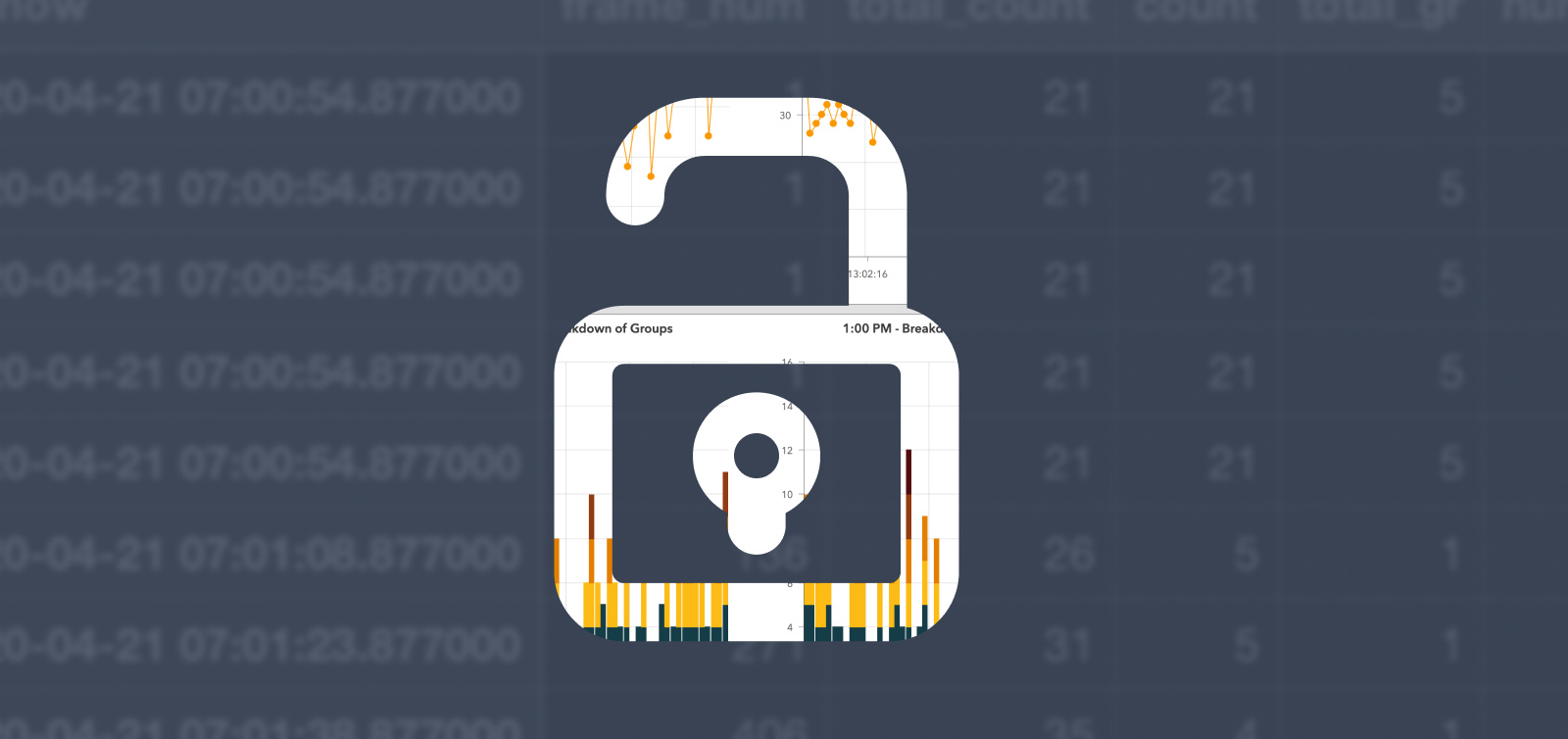 A large padlock filled with a bar chat and lined chart sits above a blurred background of a data table