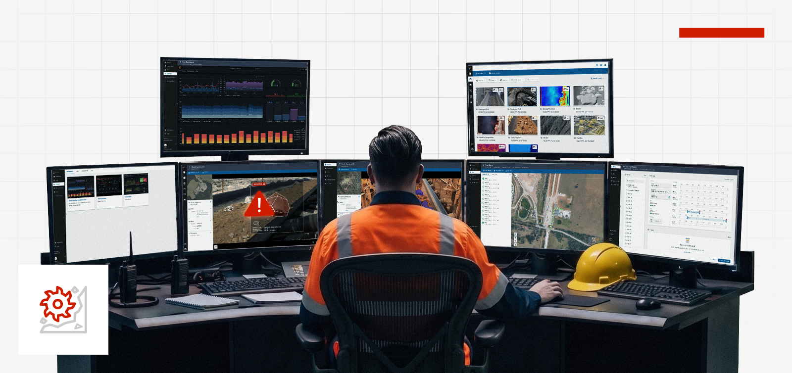 Mining control room operator monitoring Unleash Live Platform dashboards across multiple screens.