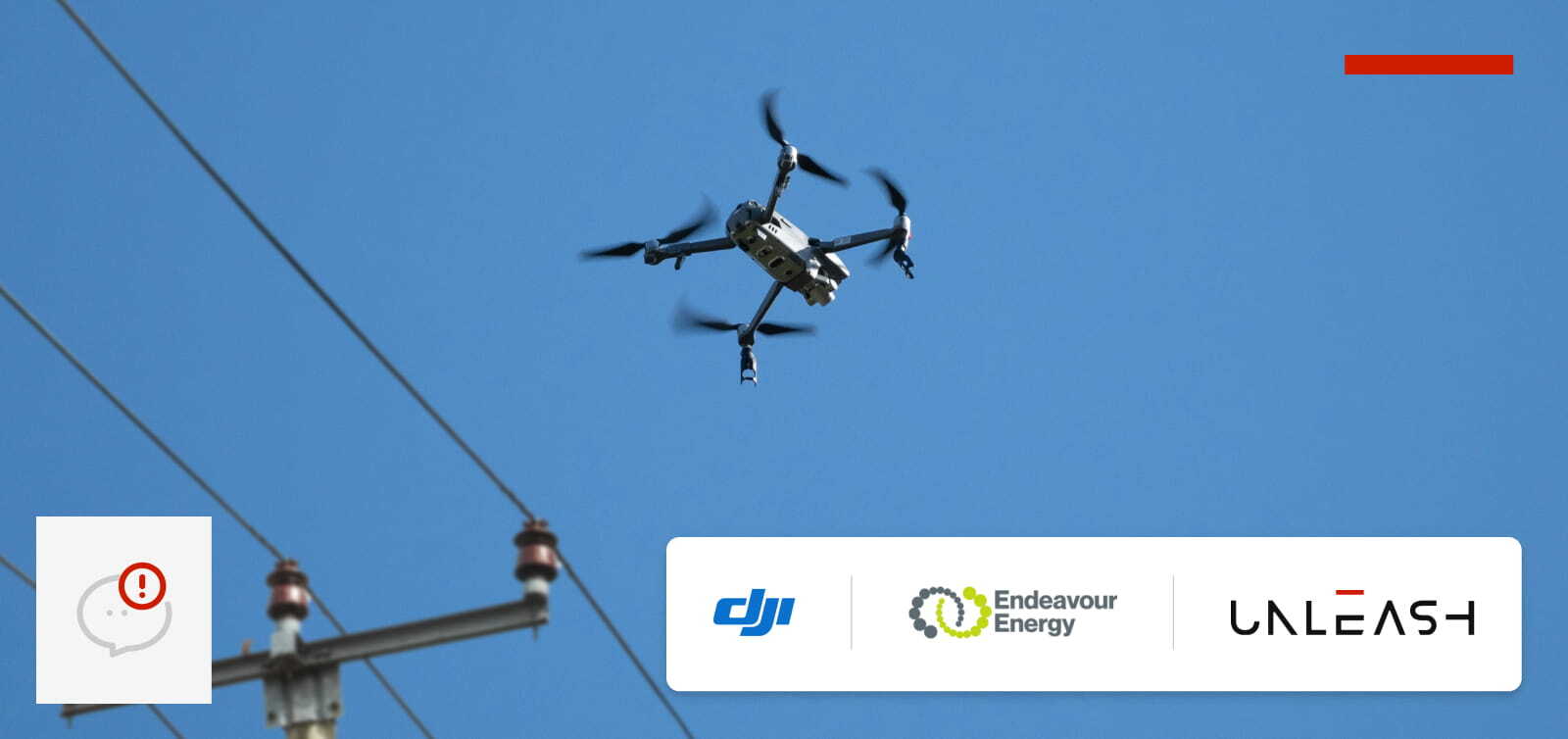 A drone in focus, flying against a clear blue sky, with a slightly blurred power pole and conductor line in the background. The logos of DJI, Endeavour Energy and Unleash live appear on a white background at the bottom-right as an overlay. 
