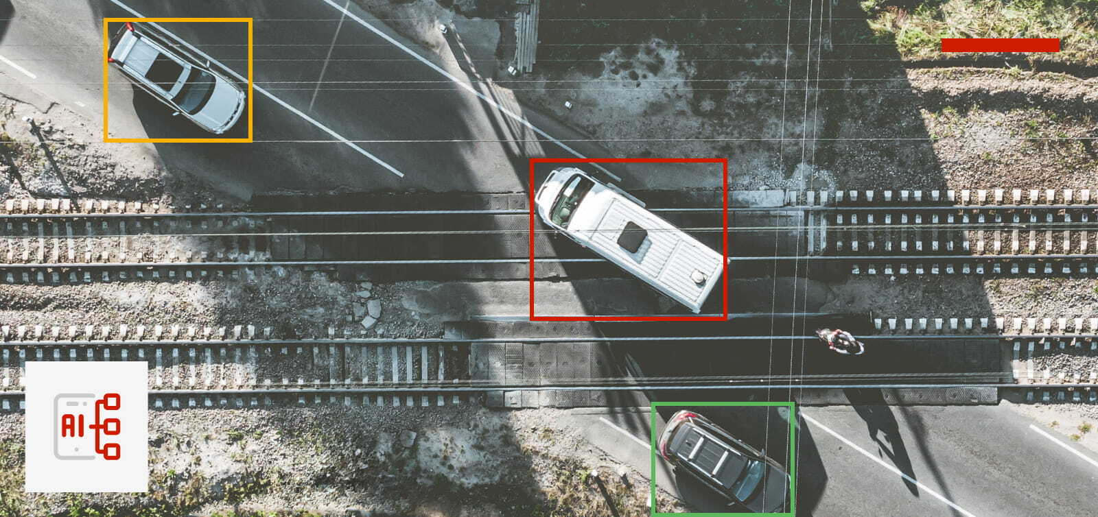 Many cars cross a train level crossing, with video monitored by Unleash live's computer vision to assess vehicles' safety